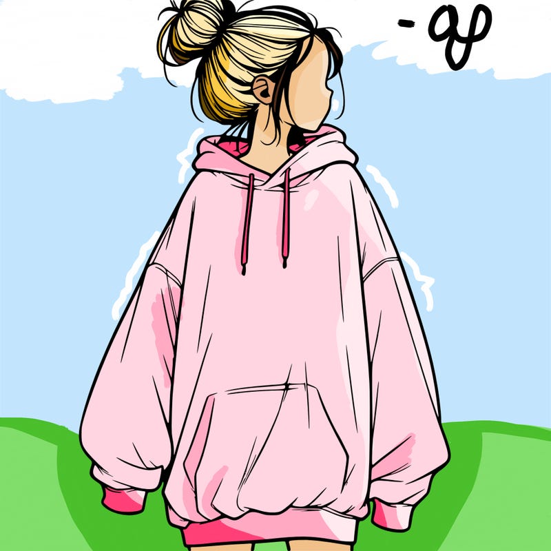 realistic girl with a oversized sweatshirt on and a bun