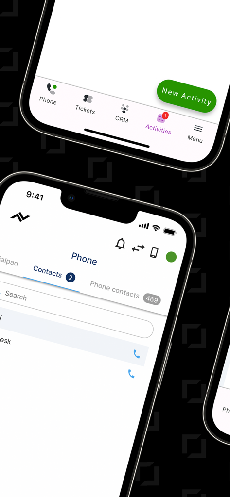 NFON Contact Center Hub - 전화 연락처 목록과 티켓 및 CRM 액세스가 있는 탐색 메뉴를 보여주는 NFON 컨택 센터 허브 모바일 앱의 스크린샷