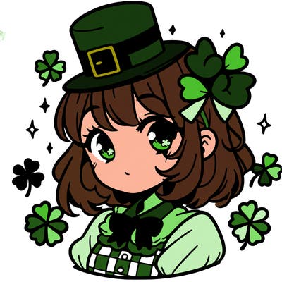 a manga-style girl with clovers around her, a little hat in her hair, like it's saint patrick's day