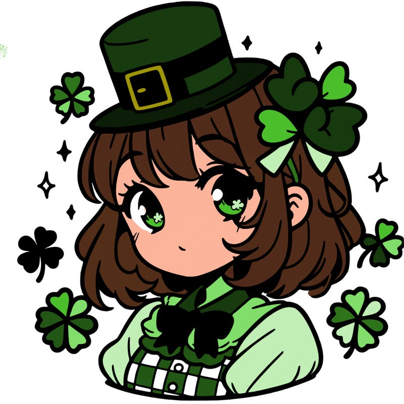 a manga-style girl with clovers around her, a little hat in her hair, like it's saint patrick's day