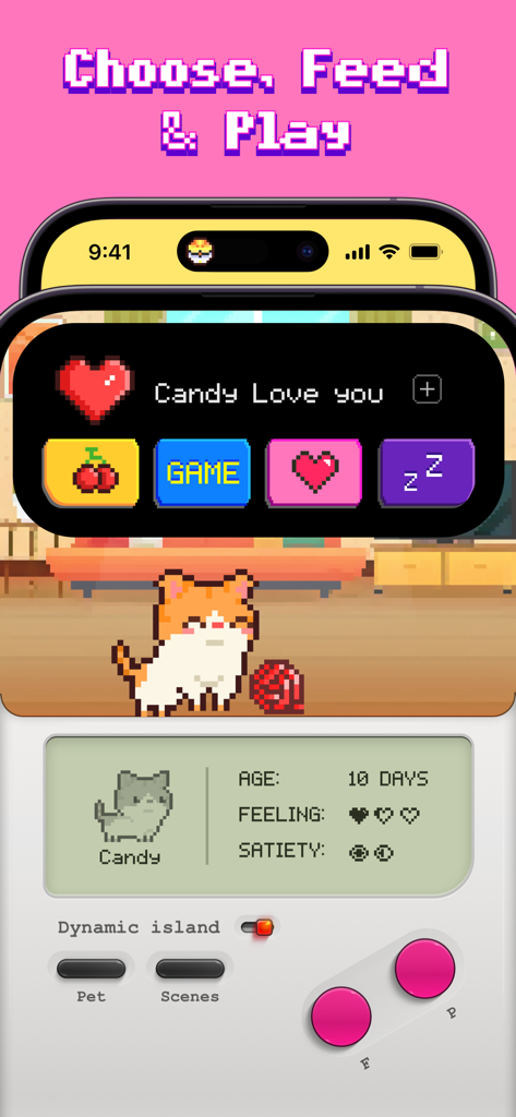 Interfaccia dell'app Pixel Shimeji che mostra un animale domestico pixel art di gatto e pulsanti di gioco interattivi