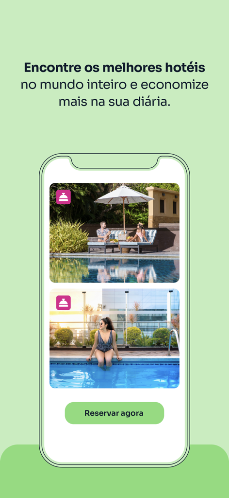 Maxmilhas app screen showing hotel deals with photos of luxury pools and a book now button