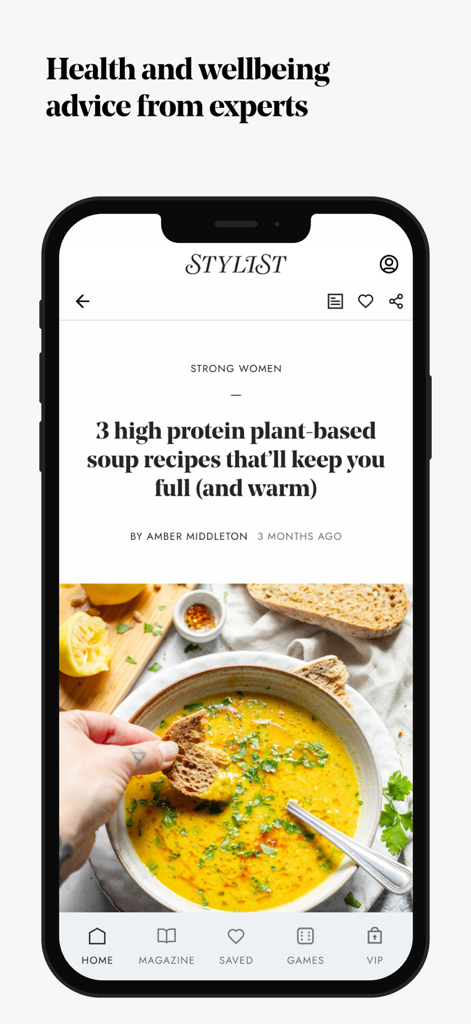 Stylist app article featuring a plant based soup recipe and health advice