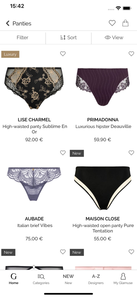 Glamuse – Lingerie - Product listing of luxury designer panties on the Glamuse mobile app.