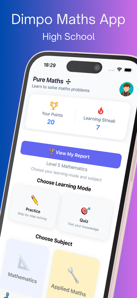 Mathematics Practice App - Panel de control de la aplicación Dimpo Maths que muestra los puntos de racha de aprendizaje del estudiante y los modos de práctica de matemáticas.