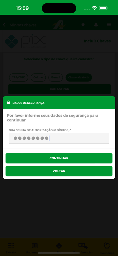 Banco da Amazônia - Security password input screen for Pix key registration in the Banco da Amazonia app.