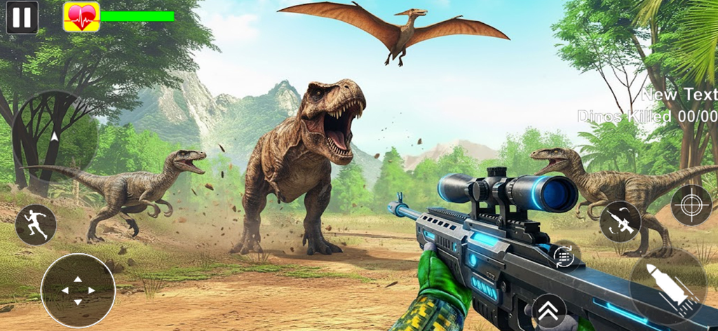 Vista en primera persona de un rifle de francotirador apuntando a un Tyrannosaurus Rex y velociraptores en una jungla