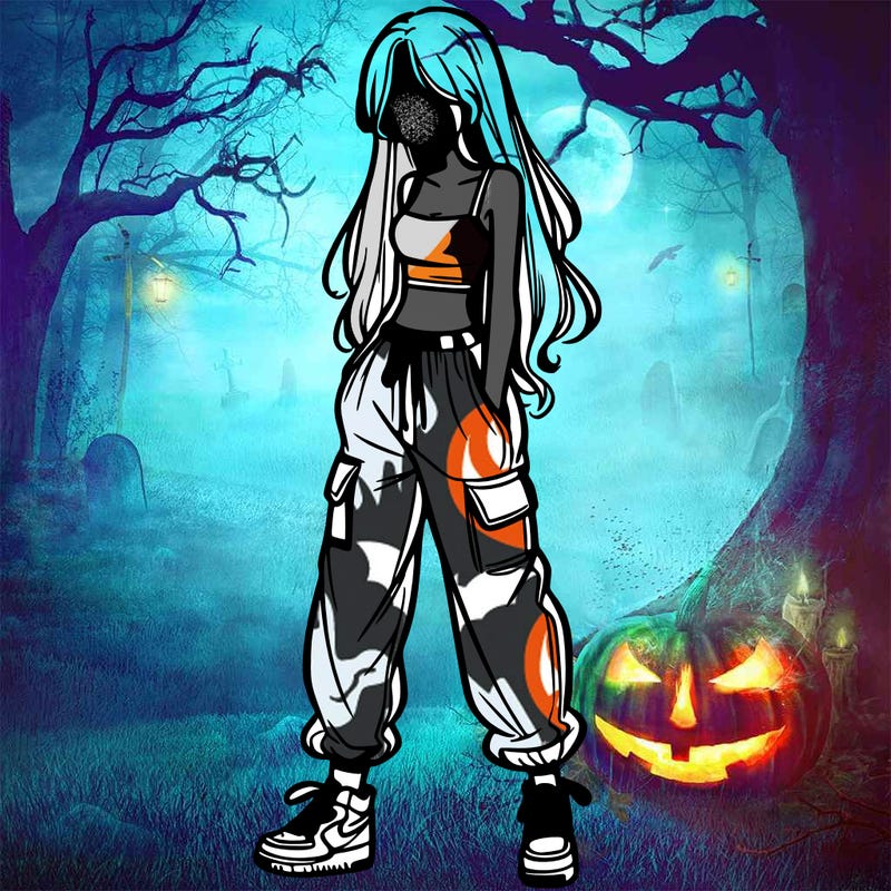 girl in baggy pants crop top and long hair