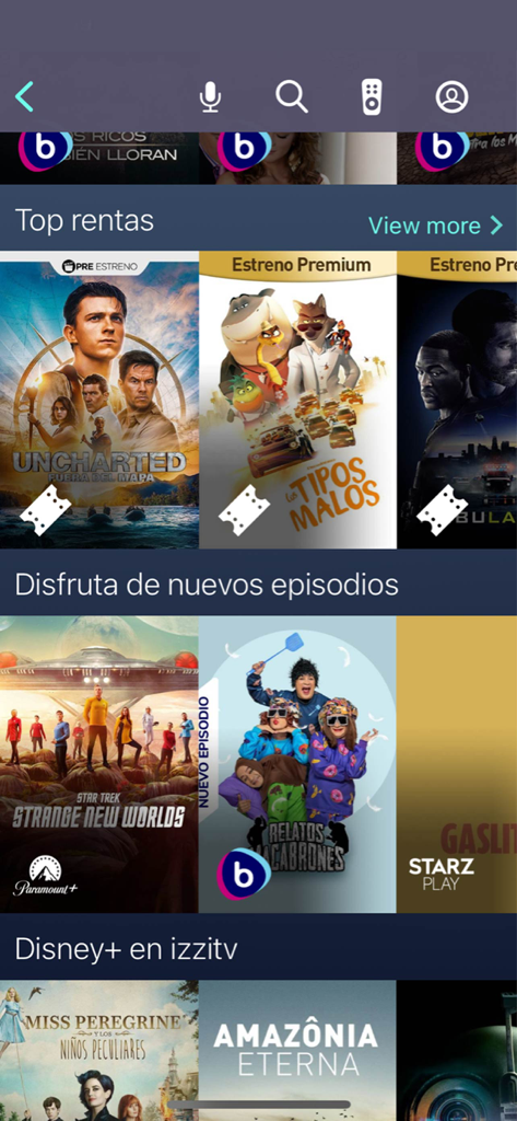 Izzi go mobile app interface displaying movie rentals and TV series from various streaming platforms