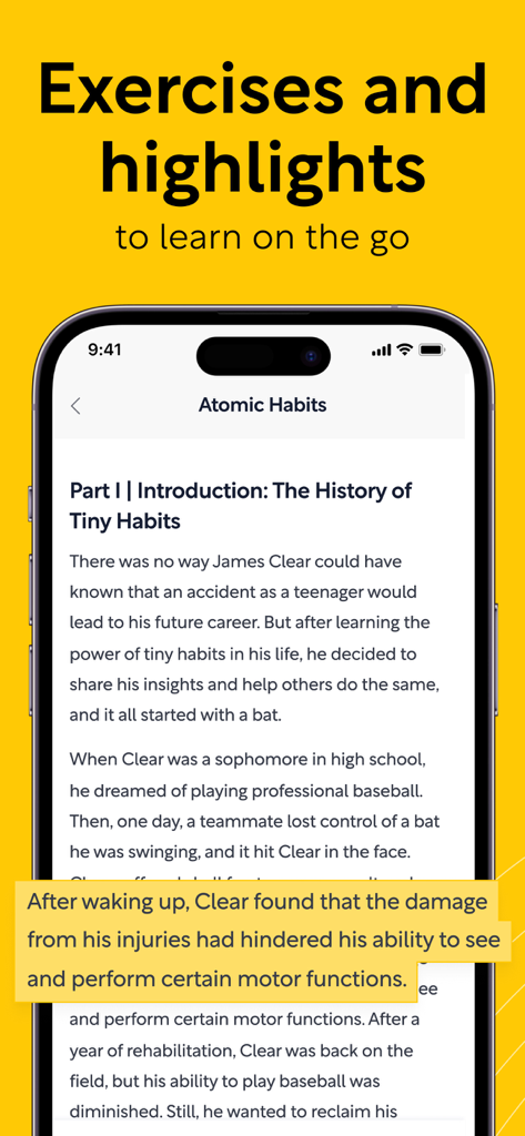 Shortform Daily Book Summaries - iPhone screen showing a highlighted book summary for Atomic Habits in the Shortform app.