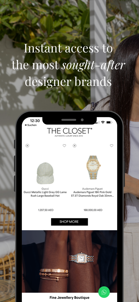 THE CLOSET - Mobile phone screen displaying THE CLOSET app interface with high-end designer watches and accessories