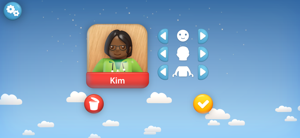 Character creation screen in BRIO World Railway showing profile customization for a wooden toy character named Kim.