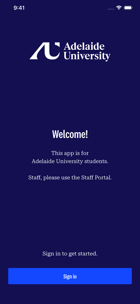 Welcome screen of the Adelaide University app with a sign in button for students