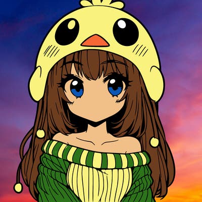 anime girl with chick shaped hat with sweater with bare shoulders with bangs covering them one eye with low tail