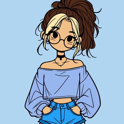 girl with a messy ponytail glasses a baggy crop top and jean shorts
