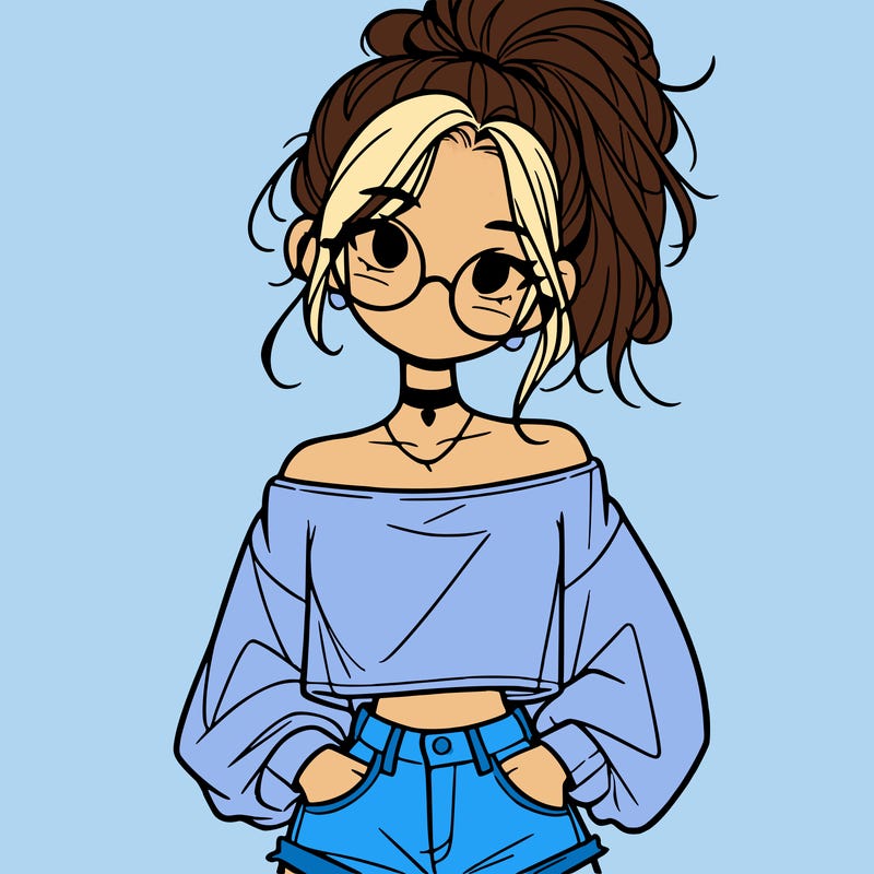 girl with a messy ponytail glasses a baggy crop top and jean shorts