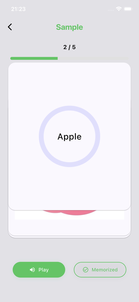 Interface do aplicativo Flick Flashcard mostrando um cartão de estudo para a palavra Maçã com opções de áudio e memorizado