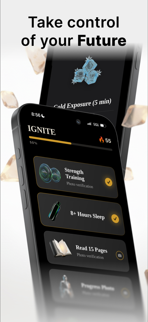 Ignite - Become Disciplined - Pantalla de un teléfono inteligente que muestra la interfaz de la aplicación Ignite con tareas de disciplina diarias y funciones de verificación fotográfica