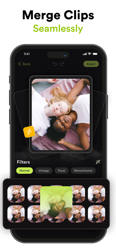 Interface of VILO video editor showing how to merge clips and apply filters for social media reels
