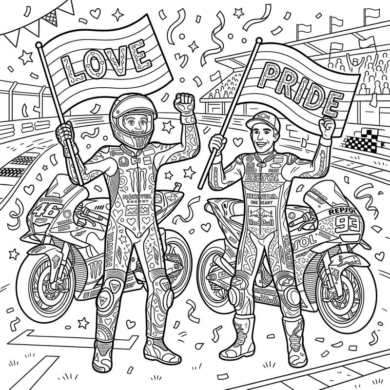 Experience the thrill of the racetrack combined with the vibrant spirit of Pride Month in this unique coloring page. Celebrate diversity and speed as you bring two iconic MotoGP riders and their bikes to life with your favorite colors.