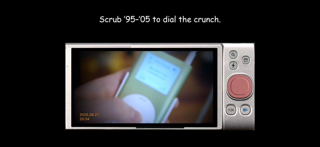 Uma captura de tela da interface do aplicativo y2kam com uma foto lo-fi de um iPod e um carimbo de data digital vintage