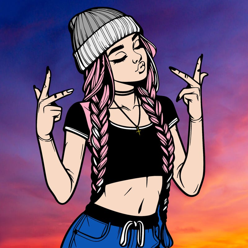 realistic teenage girl with braids and a beanie and crop top doing 🫶🏼