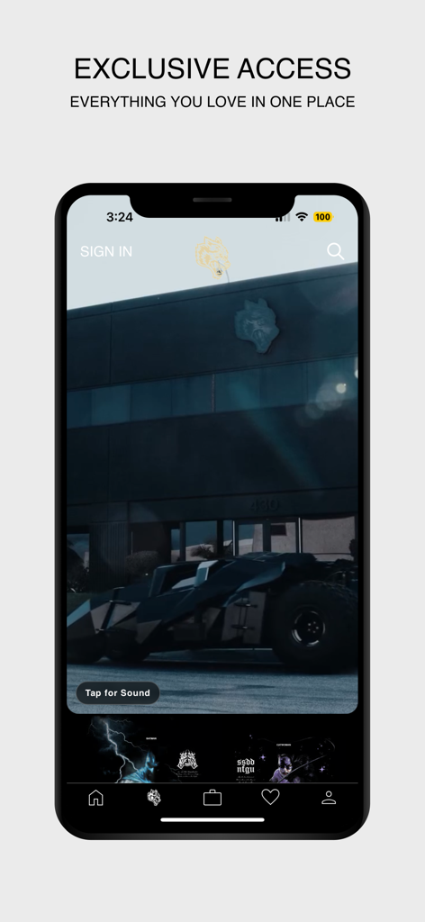 DarcSport - Schermata principale dell'app DarcSport che mostra l'accesso esclusivo con un video di un veicolo personalizzato e un edificio