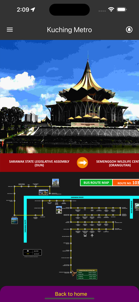 Pantalla del mapa de la ruta de autobús 103 de la aplicación Kuching Metro con paradas desde la Asamblea Legislativa del Estado de Sarawak hasta el Centro de Vida Silvestre de Semenggoh