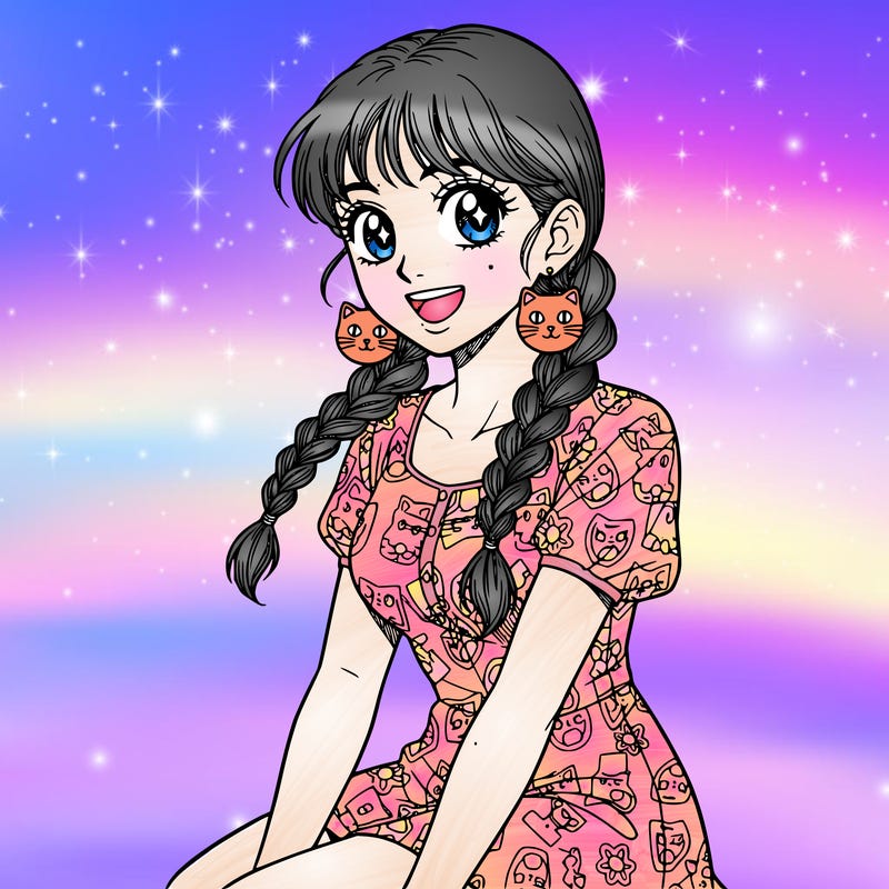 women with two braids cure cat earrings a nice dress make her not holding cats, don’t show her whole body like only till her chest, make her not standing but sitting don’t make a background