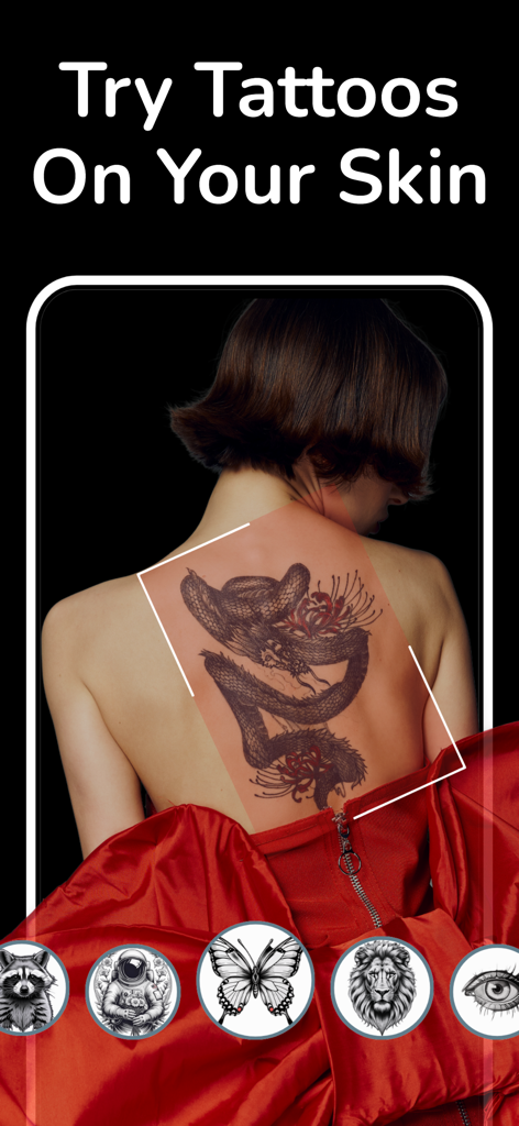 女性がTattoo AIアプリを使用して、背中のドラゴンタトゥーをプレビューしています。