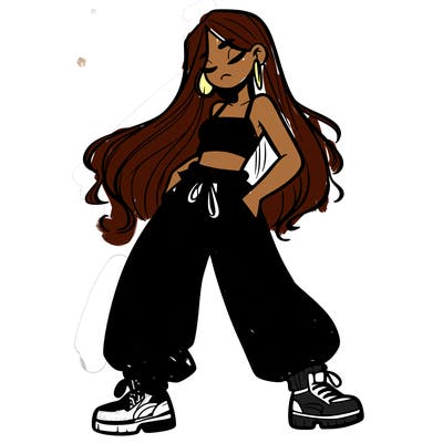 girl in baggy pants crop top and long hair