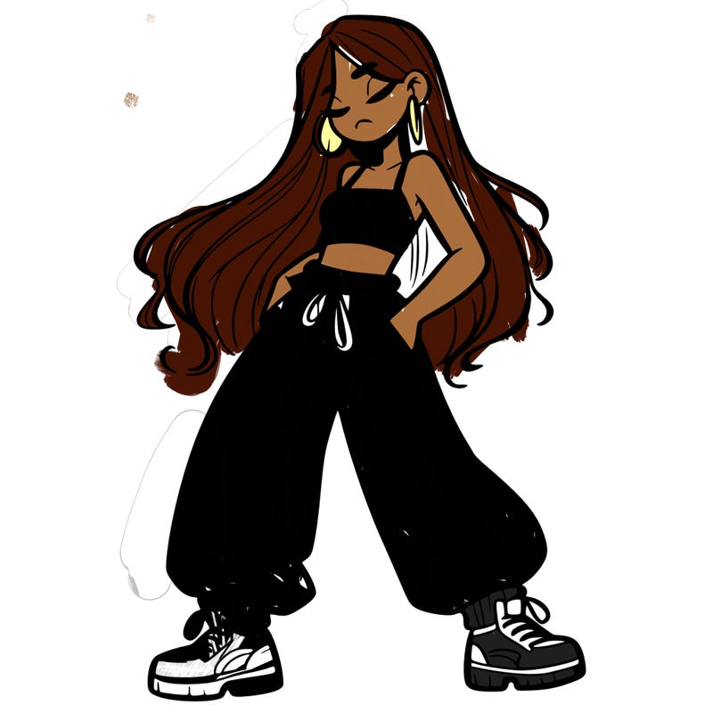 girl in baggy pants crop top and long hair