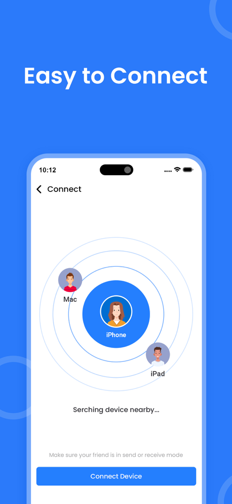 Quick Share : FIle Transfer - Quick Share app interface showing a radar scanning for nearby Mac and iPad devices to connect for file transfer