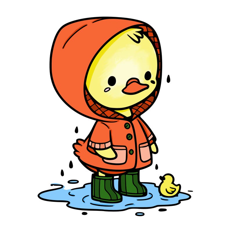 baby duck in a rain coat and boots, in a puddle while it’s raining
