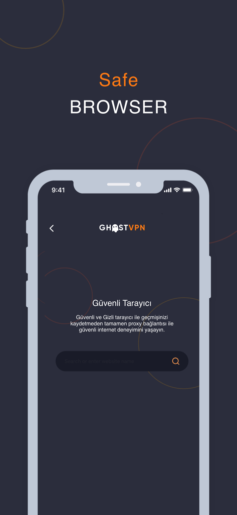 Ghost VPN mobile app screen showing a safe browser for secure and private web surfing.