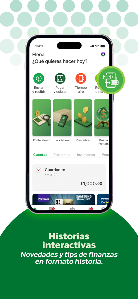 Banco Azteca - Dashboard dell'app mobile Banco Azteca con storie finanziarie interattive e visualizzazione del saldo del conto