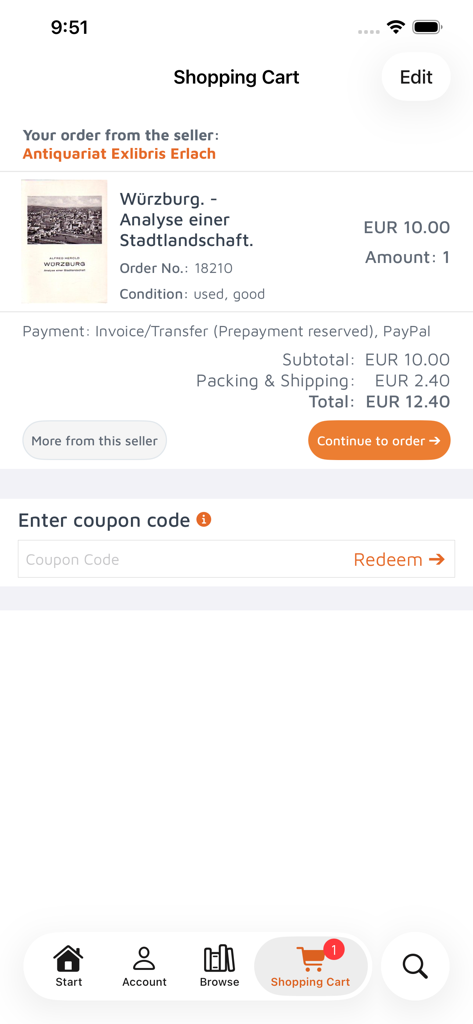 Buchfreund - Interfaz del carrito de compras de la aplicación Buchfreund que muestra un libro usado de un vendedor de antigüedades con precios y opciones de pago
