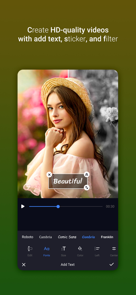 Interface of the Slideshow Maker app showing a photo of a woman with a customizable text overlay saying Beautiful