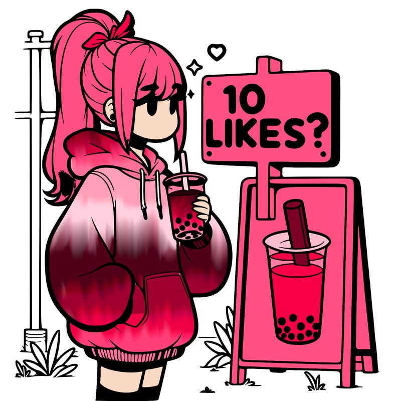 girl with oversized hoodie drinking boba and she has a high ponytail with a sign that says 10likes?