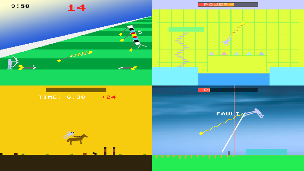 Realistic Summer Sports - A four player split screen view of various sports events in Realistic Summer Sports with minimalist retro graphics