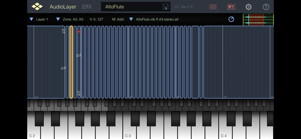 AudioLayer sampler interface displaying sample mapping for an alto flute instrument above a virtual piano keyboard