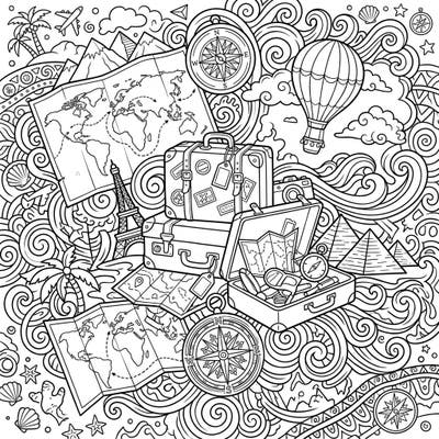 Journey around the globe with this intricately designed digital art coloring page, perfect for vacation enthusiasts. Unleash your artistic flair as you bring to life iconic travel symbols and explore distant lands from the comfort of your home.