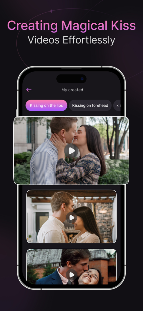 Kiss Video Maker : AI Lip Kiss - Smartphone screen showing the interface of an AI app with generated romantic video clips of couples kissing on the lips and forehead