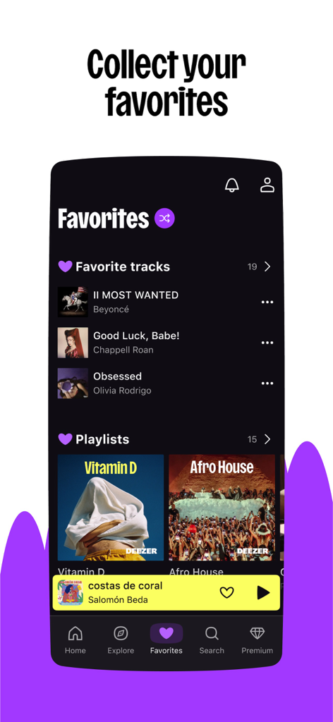 Deezer app interface showing a user favorites list with tracks and playlists