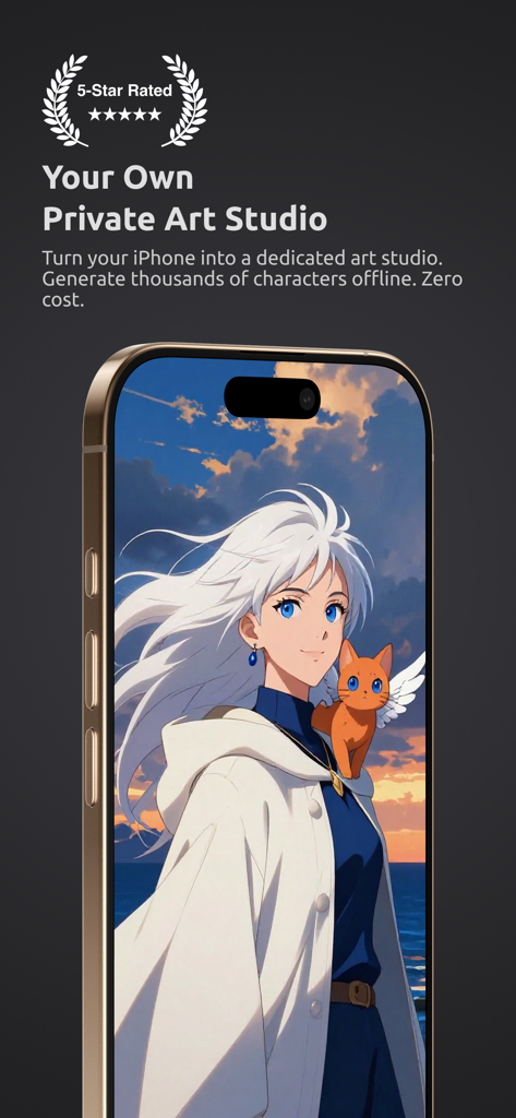ImageLab - AI Image Generator - Screenshot of ImageLab AI app on an iPhone showing a high-quality anime character and private art studio text