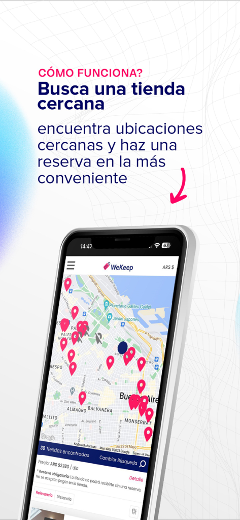 WeKeep: Luggage Storage - Smartphone screen showing the WeKeep app map with multiple luggage storage locations in Buenos Aires