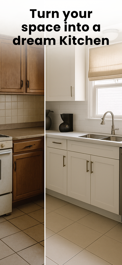 Pantalla dividida de antes y después de una renovación de cocina utilizando una herramienta de diseño de IA