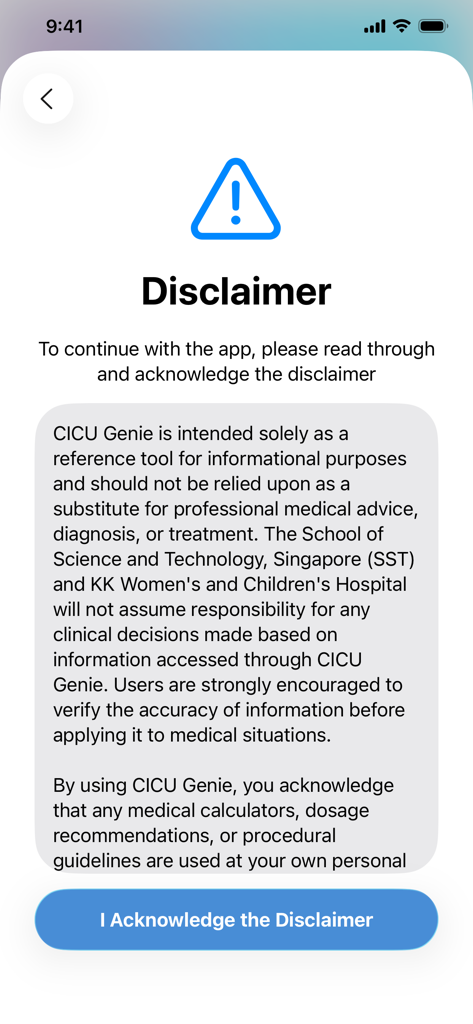 CICU Genie - Página de isenção de responsabilidade médica no aplicativo CICU Genie com um botão de reconhecimento.