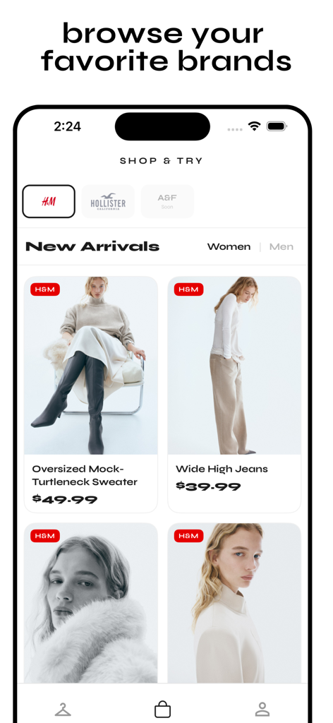 dressr - Virtual Fitting Room - Mobile interface of dressr virtual fitting room showing clothing items from H&M to browse and try on.