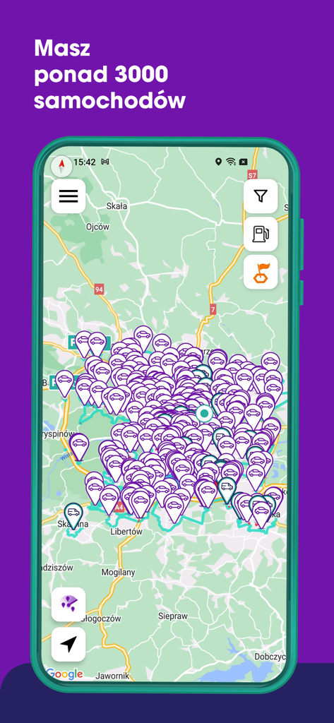 Mapa da aplicação Traficar mostrando muitos carros disponíveis para aluguer numa cidade